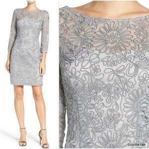 Aidan Mattox Dress 14 Silver Grey Embroidered Lace 3/4 Sleeve Sheath Cocktail